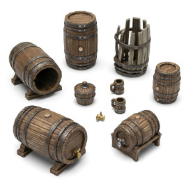 Wooden Barrels 1:35 3D printed set - 14x 3D tištěné dřevěné sudy